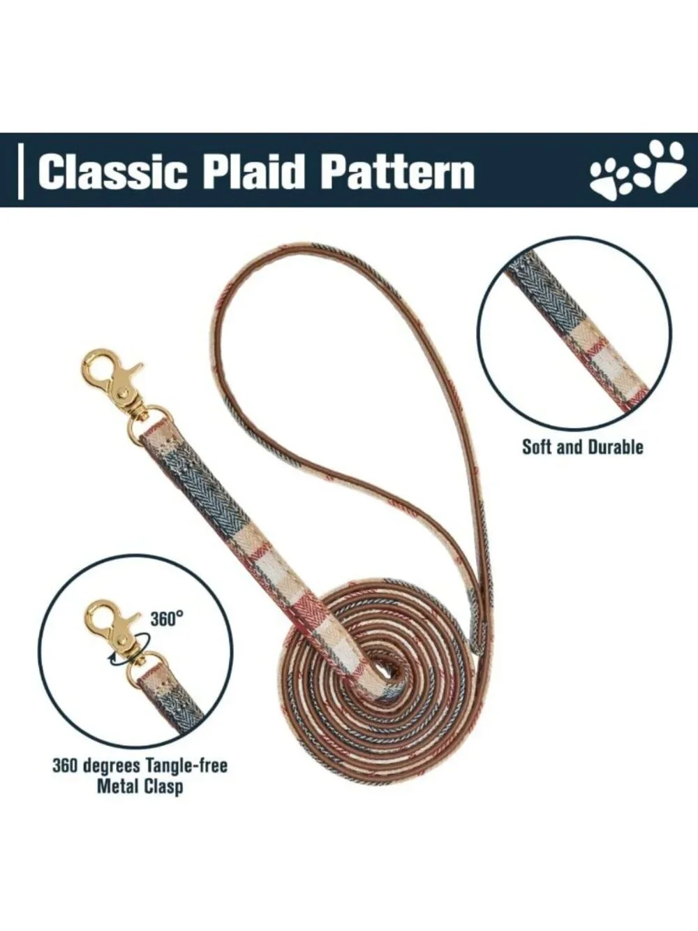 Plaid Puppy Collar & Leash Set with Bow Tie, Bandana & Bell - Khaki Dog